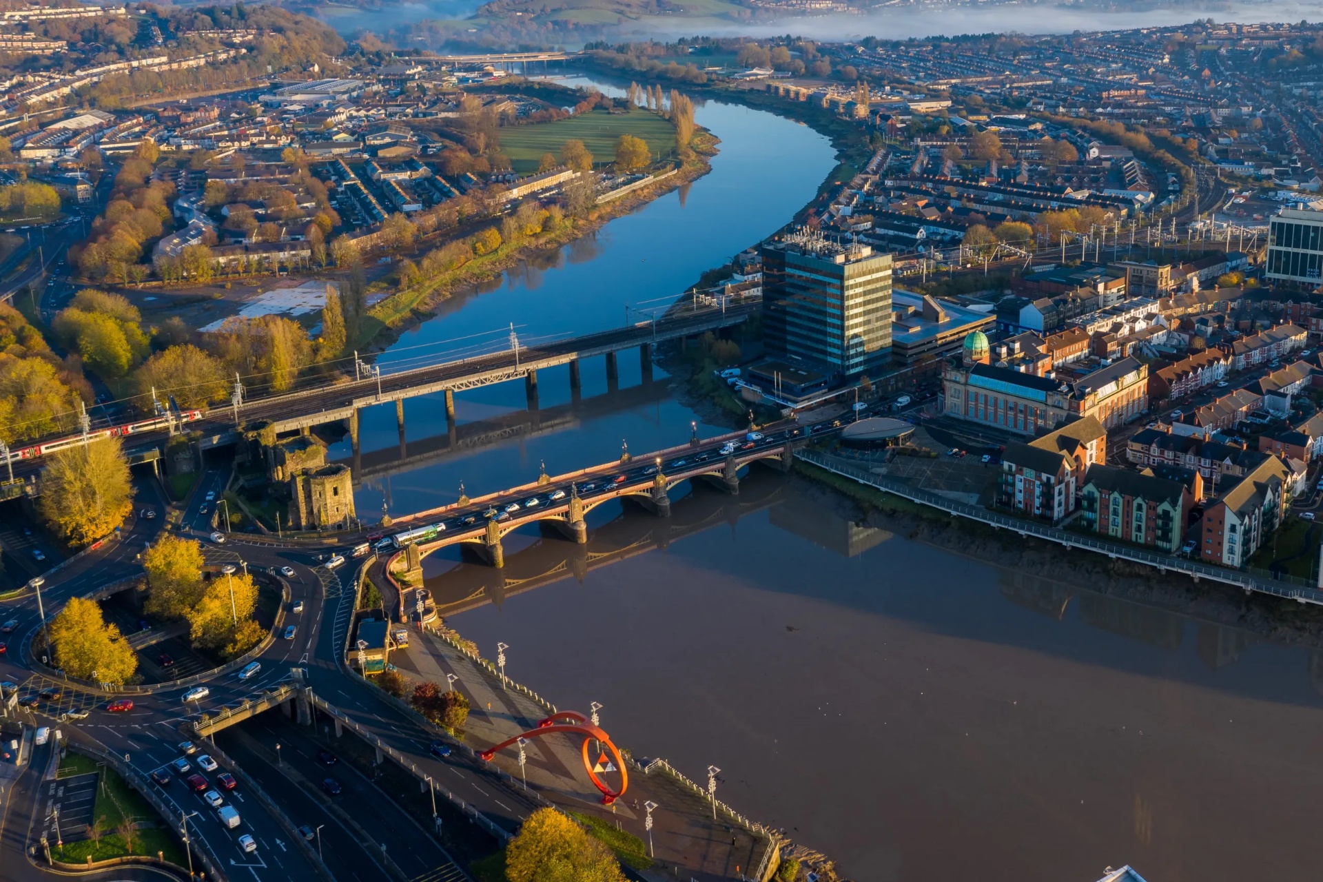 Aerial view of Newport showing the River Usk, Newport Bridge and city centre